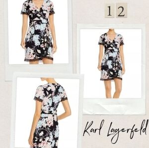 NWT Karl Lagerfeld Black Floral Lace-Trim Faux Wrap Mini Dress Sz 8